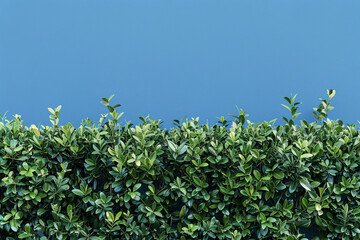 Trimmed green hedge against a gradient blue sky