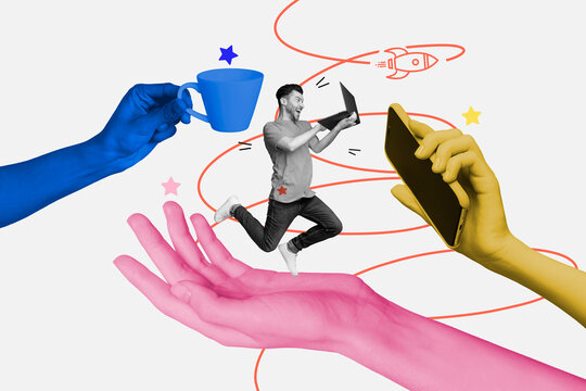 Photo collage image young energetic happy man smartphone device remote work coffee cup drink touchscreen drawing background