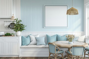 A single oversized blank frame hangs on the wall above the breakfast nook