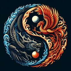 AI Generate A Dragon and Phoenix flying in circle create a yin yang pattern