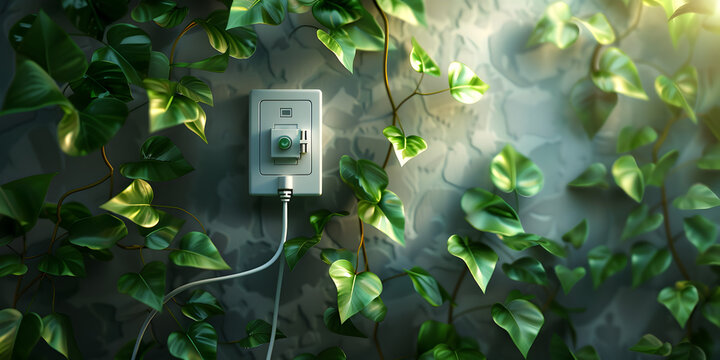 Green Wall with White Power Outlets and Leaves,3D Render of Electrical Outlet With Leaves Against Light  Background.

