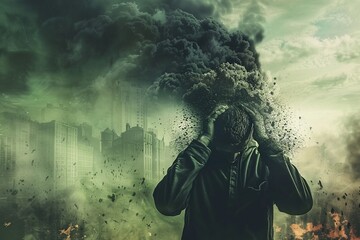 Mass psychosis triggers societal collapse amidst catastrophic phenomena - obrazy, fototapety, plakaty