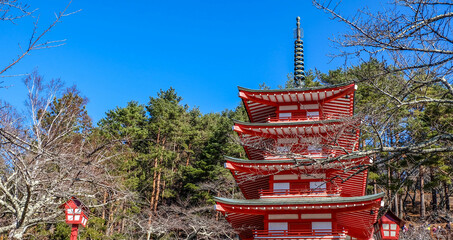 Chureito pagoda sunny day in clear blue sky natural background in japan