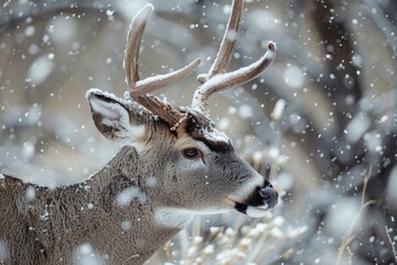 Mule Deer Buck in Snow: Majestic Cervid Animal of Wild Colorado Outdoors in Winter