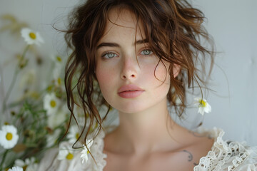 Charming Young Woman Posing with Daisies in the Style of Expressive Eyes