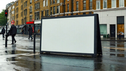 A wet London street pavement with a blank advertising board