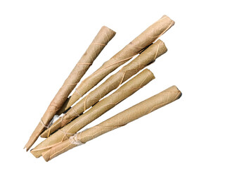 Bidi or Beedi, A beedi is a thin cigarette or mini-cigar filled with tobacco flake and commonly wrapped in a tendu or Piliostigma racemosum leaf tied with a string or adhesive, bidi isolated 