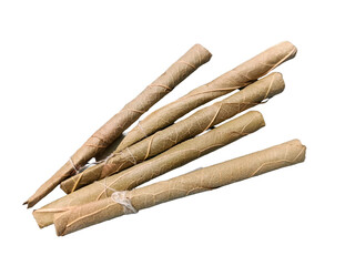 Bidi or Beedi, A beedi is a thin cigarette or mini-cigar filled with tobacco flake and commonly wrapped in a tendu or Piliostigma racemosum leaf tied with a string or adhesive, bidi isolated 