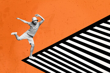 Artwork composite 3D collage of orange color black white line element silhouette young active funky dance move young man posing excited