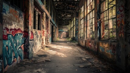 Fototapeta premium Dark vintage urban alley back yard with graffiti