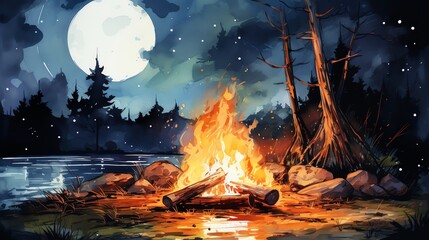 A beautiful watercolor painting of a campfire at night