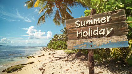 photo of a wonderful beach with palm trees and a big empty wooden sign with the text summer holiday