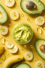 Dreamy Avocado and Banana Slices with Mashed Avocado Paste in Baby Food Jar on Muted Yellow