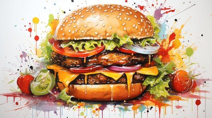 A watercolor painting of a delicious cheeseburger with all the fixings, including lettuce, tomato, onion, and pickles