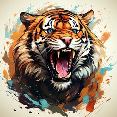 A watercolor painting of a tiger's face. The tiger is roaring and has its mouth wide open. The background is a light yellow color.