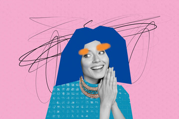 Composite photo collage of beautiful pretty girl orange brows blue wig hairdo wear stylish jewelry...