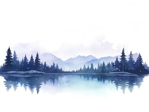 A watercolor painting of a winter landscape. There are snow-capped mountains in the distance, and a frozen lake in the foreground. The trees are bare, and the ground is covered in snow. It is snowing