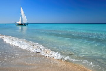 Beach: Beautiful Background with Calm Blue Sea and Sailing Boat