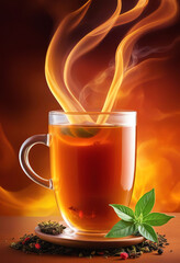 ad image hot tea drink with motion effect and green tea elements around the background