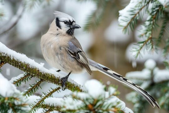 Gray Jay, the Friendly Bird of Winter. Perched on a Tree Branch with its Distinctive Beak