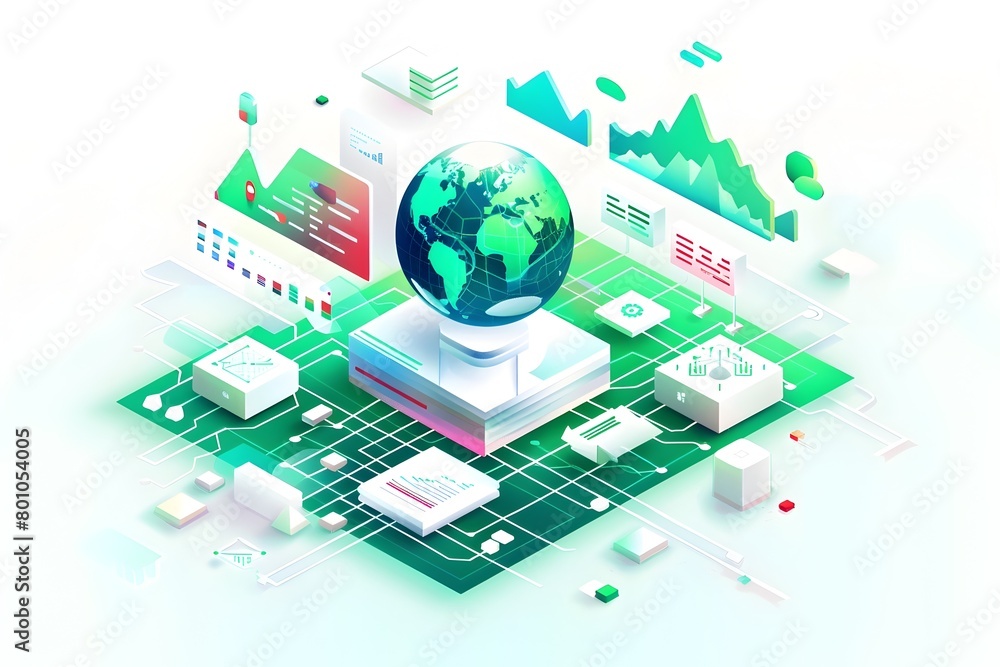 Poster isometric of global data technology and digital connectivity in modern and futuristic design