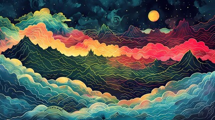 clouds and mountains illustration poster background