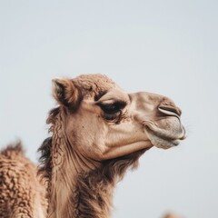 A camel is looking at the camera with its mouth open