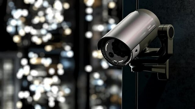 Security CCTV camera In City at night. Scan the area for surveillance purpose. technology and innovation concept. 3D Render.