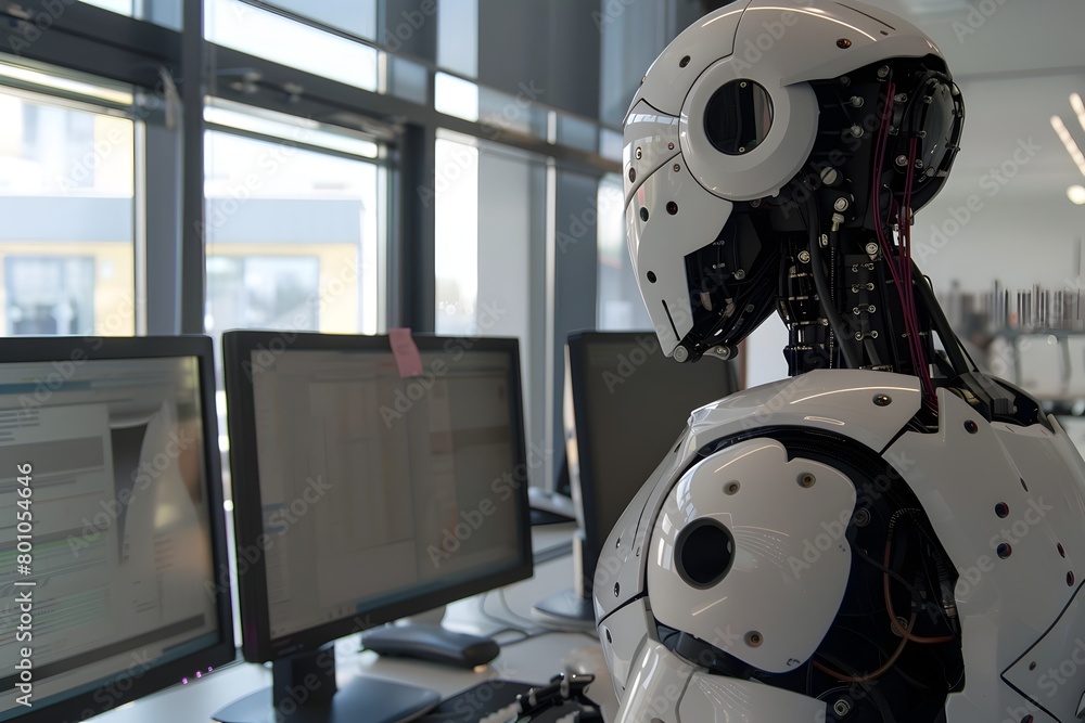 Poster futuristic robot working in sophisticated it workspace