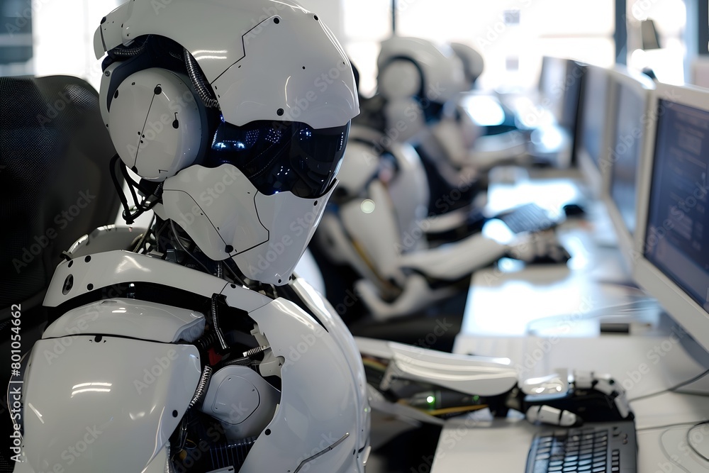 Poster futuristic robotic engineers collaborating on advanced technology in modern office environment
