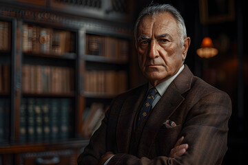 Photorealistic Portrait of an Older Man in Front of a Bookshelf