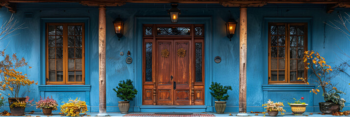 Entryway  Front porch  front door  perfect sy,
Vintage blue door with small metallic decorative...