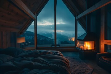 Cozy Cabin Retreat with Breathtaking Mountain Landscape View Through Massive Window