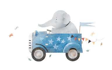Elephant travels in a blue car. Watercolor illustration. Can be used for cards, invitations, baby shower, posters. Vintage.
