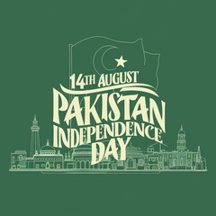 Pakistan Independence Day, 14 August, Pakistan flag with Calligraphy text. Generative Ai