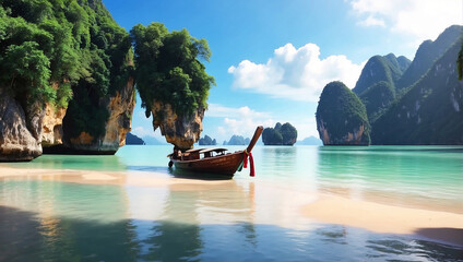  a beach scene. There are two palm trees in the foreground, with lounge chairs behind them. In the background is a large rock mountain, with the ocean behind it. The sky is blue and there are white cl