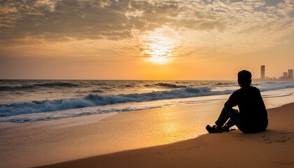 Assis sur la plage de Chennai pendant le lever du soleil - obrazy, fototapety, plakaty
