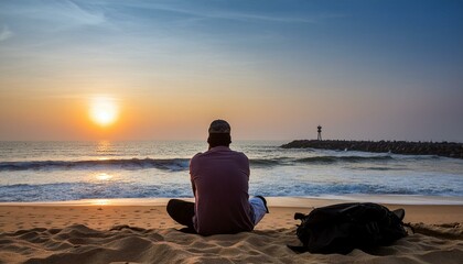 Fototapeta premium Assis sur la plage de Chennai pendant le lever du soleil