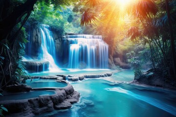 waterfall by blue lagoon magical nature landscape