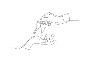 The hand that handed over two house keys. Buy a new house concept one-line drawing