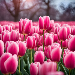 Fototapeta premium A pink tulip flower garden blooming in the sunset field