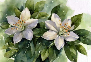 'Decorative Flower View Jasmine Bloom Side Watercolor Jasmine Flower Isolated Nature White Floral Beauty Garden Green Plant Thailand Ornament Meditation Beautiful Natural Petal Decoration Religion'