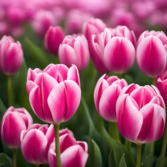 Fototapeta premium A pink tulip flower garden blooming in the sunset field
