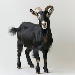 A black goat with horns stands in front of a white background