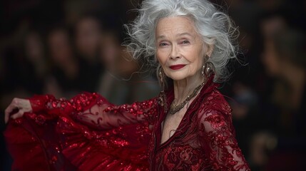 An elderly fashion icon striking a pose in haute couture, exuding elegance and sophistication on the runway.