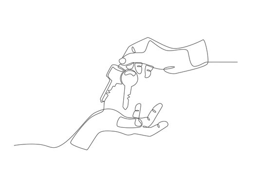 The hand that handed over two house keys. Buy a new house concept one-line drawing