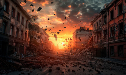 Dawn against the backdrop of a city destroyed by an earthquake