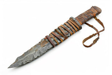 Savage barbarian's battle dagger with a rough-hewn stone blade, bound with thick leather straps, and adorned with tribal markings isolated on solid white background.