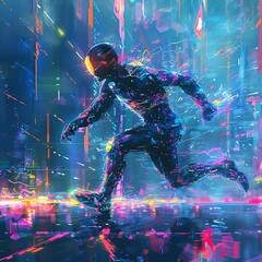 Obraz premium Futuristic digital painting of a man running in a hightech gear, neon lights tracing his path and reflecting a sense of speed and advanced technology