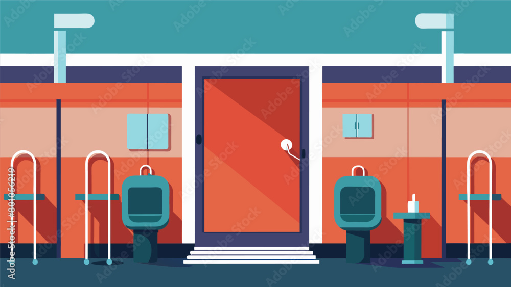 Poster a public restroom with larger stalls and grab bars for individuals who use mobility devices.. vector